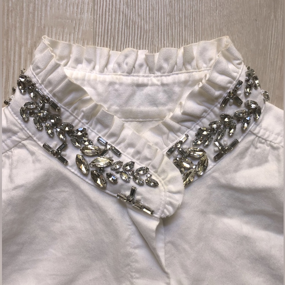 Sleeveless white button down shirt with crystals, gems and ruffles J. Crew